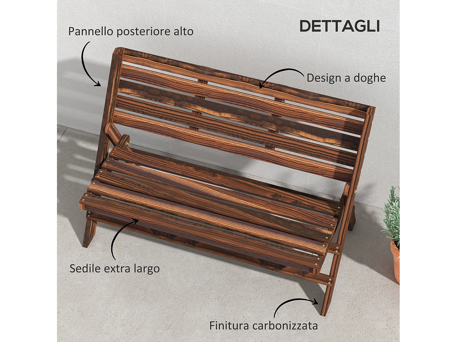 Panchina da giardino 2 posti a doghe in legno carbonizzato