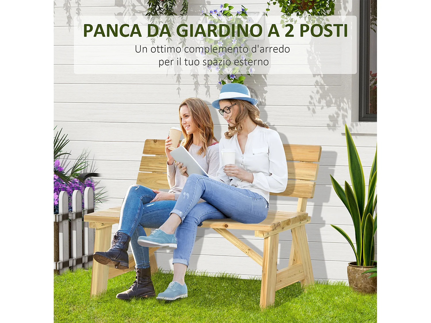 Panchina da giardino 2 posti in legno a doghe colore naturale