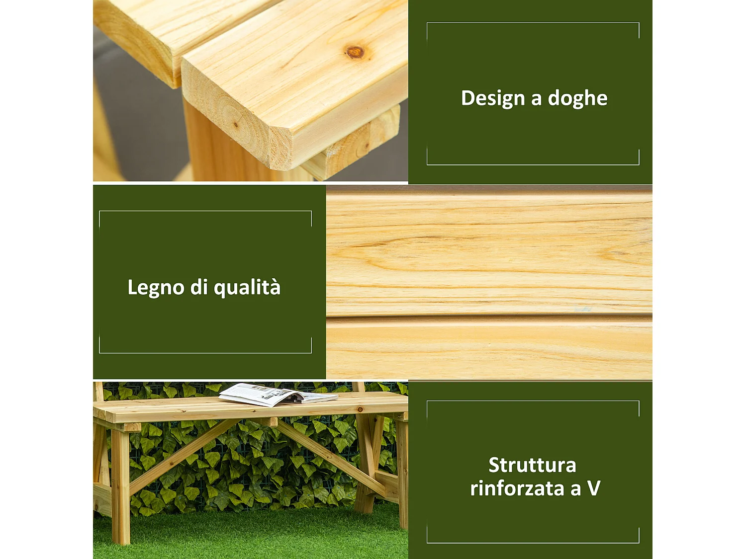 Panchina da giardino 2 posti in legno a doghe colore naturale
