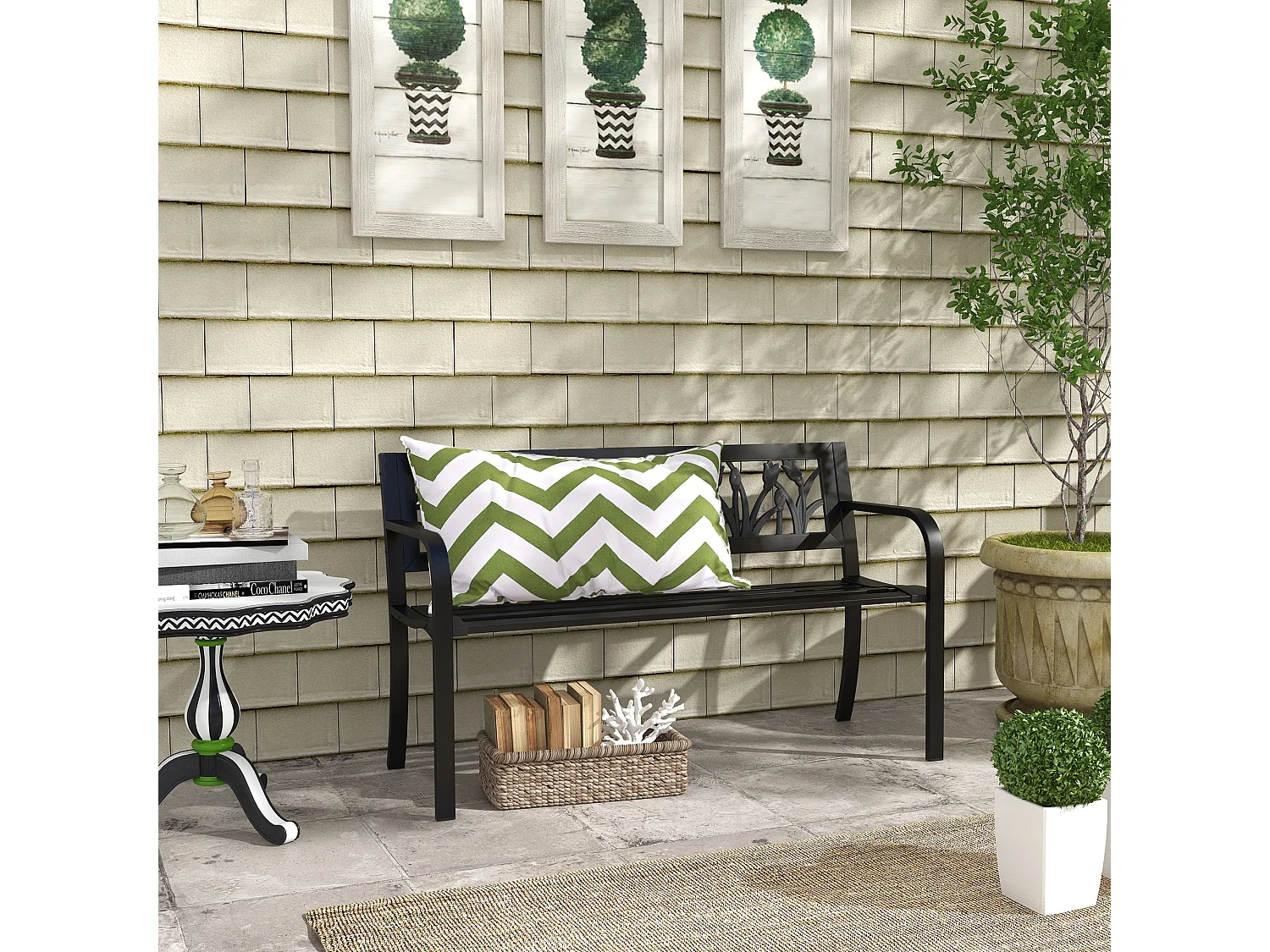 Panchina da giardino a 2 posti con braccioli in acciaio nero