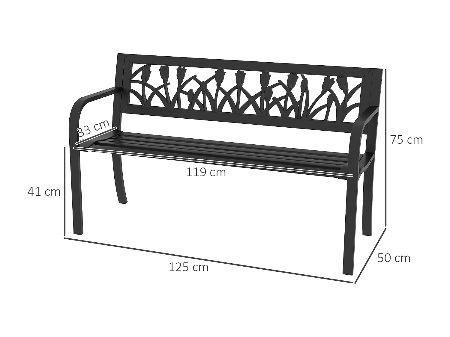 Panchina da giardino a 2 posti con braccioli in acciaio nero