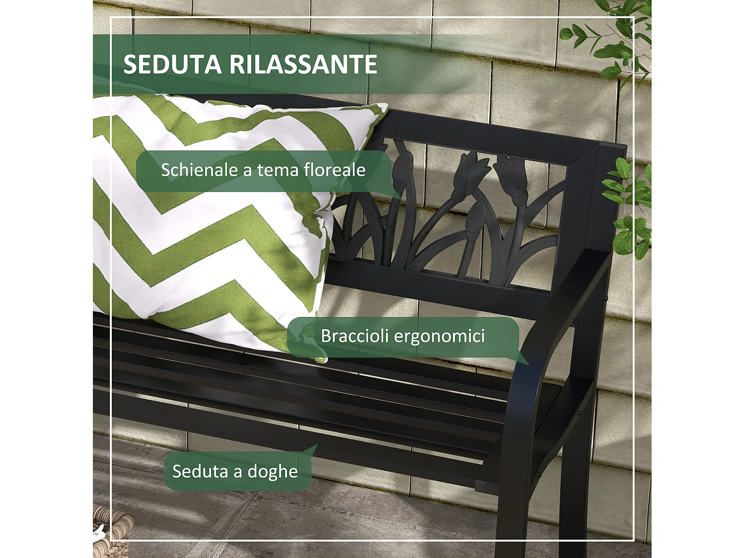 Panchina da giardino a 2 posti con braccioli in acciaio nero