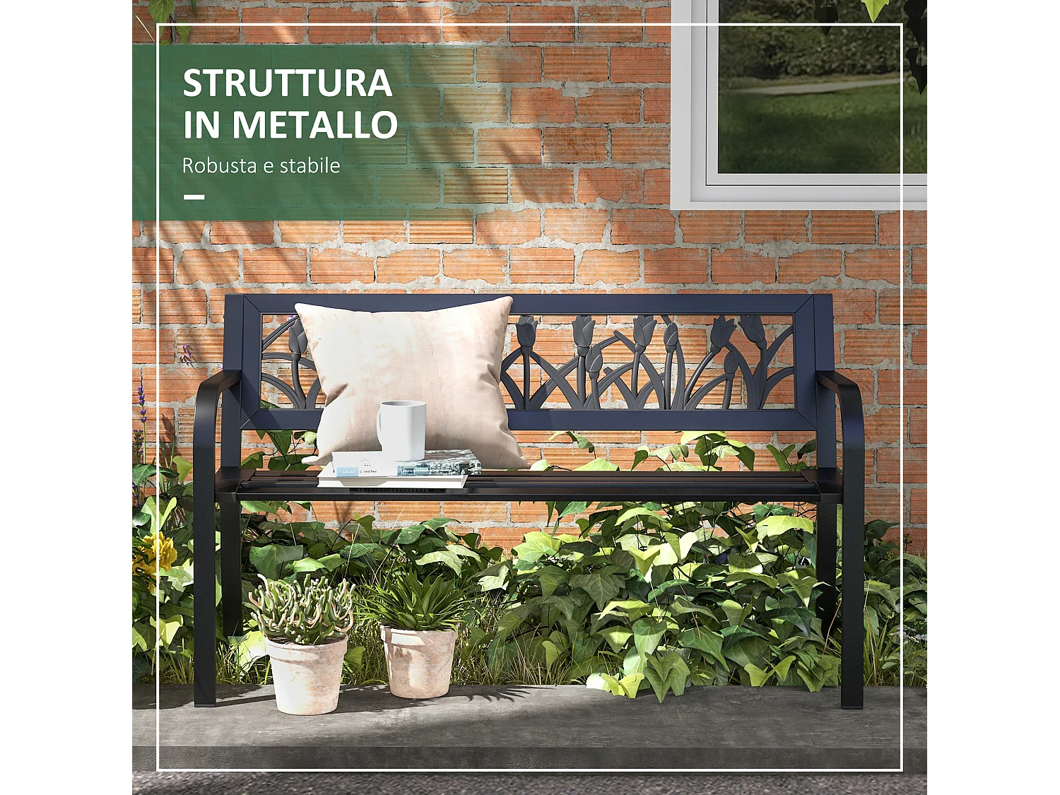 Panchina da giardino a 2 posti con braccioli in acciaio nero