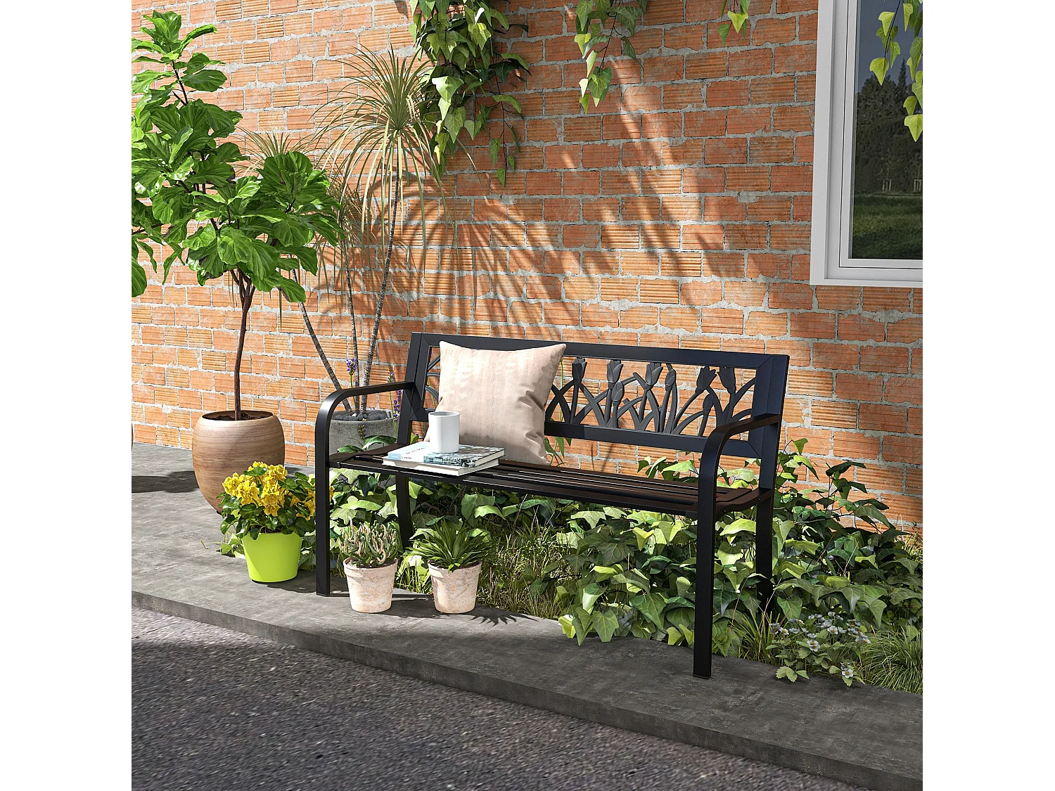 Panchina da giardino a 2 posti con braccioli in acciaio nero