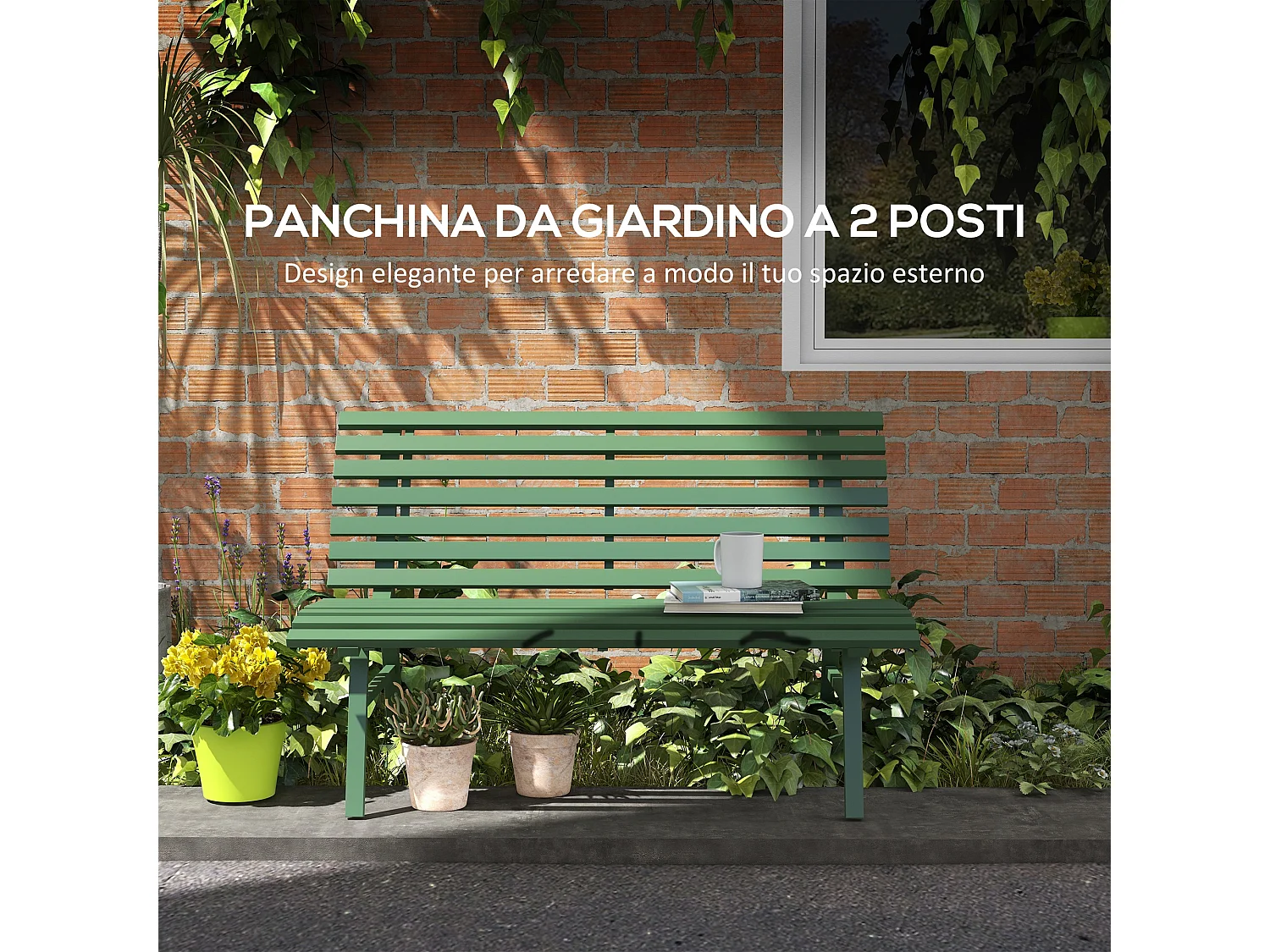 Panchina da giardino 2 posti a doghe in alluminio verde
