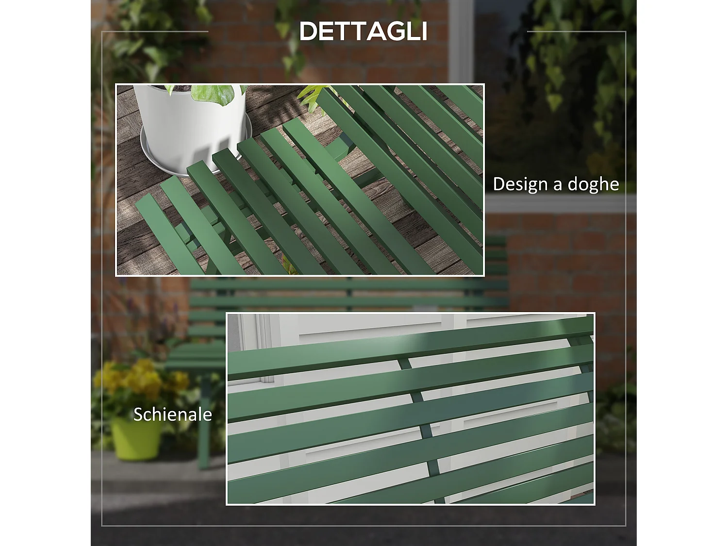 Panchina da giardino 2 posti a doghe in alluminio verde