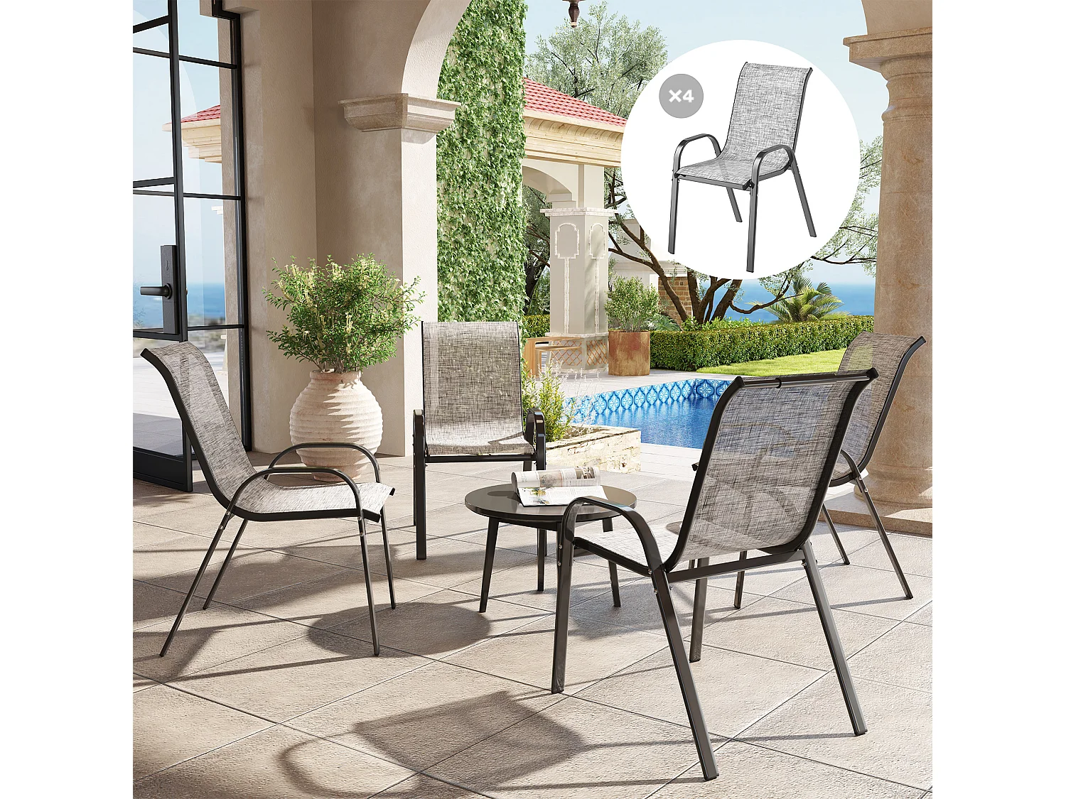 Set 4 sedie da giardino impilabili e traspiranti 54x71x93 cm grigio
