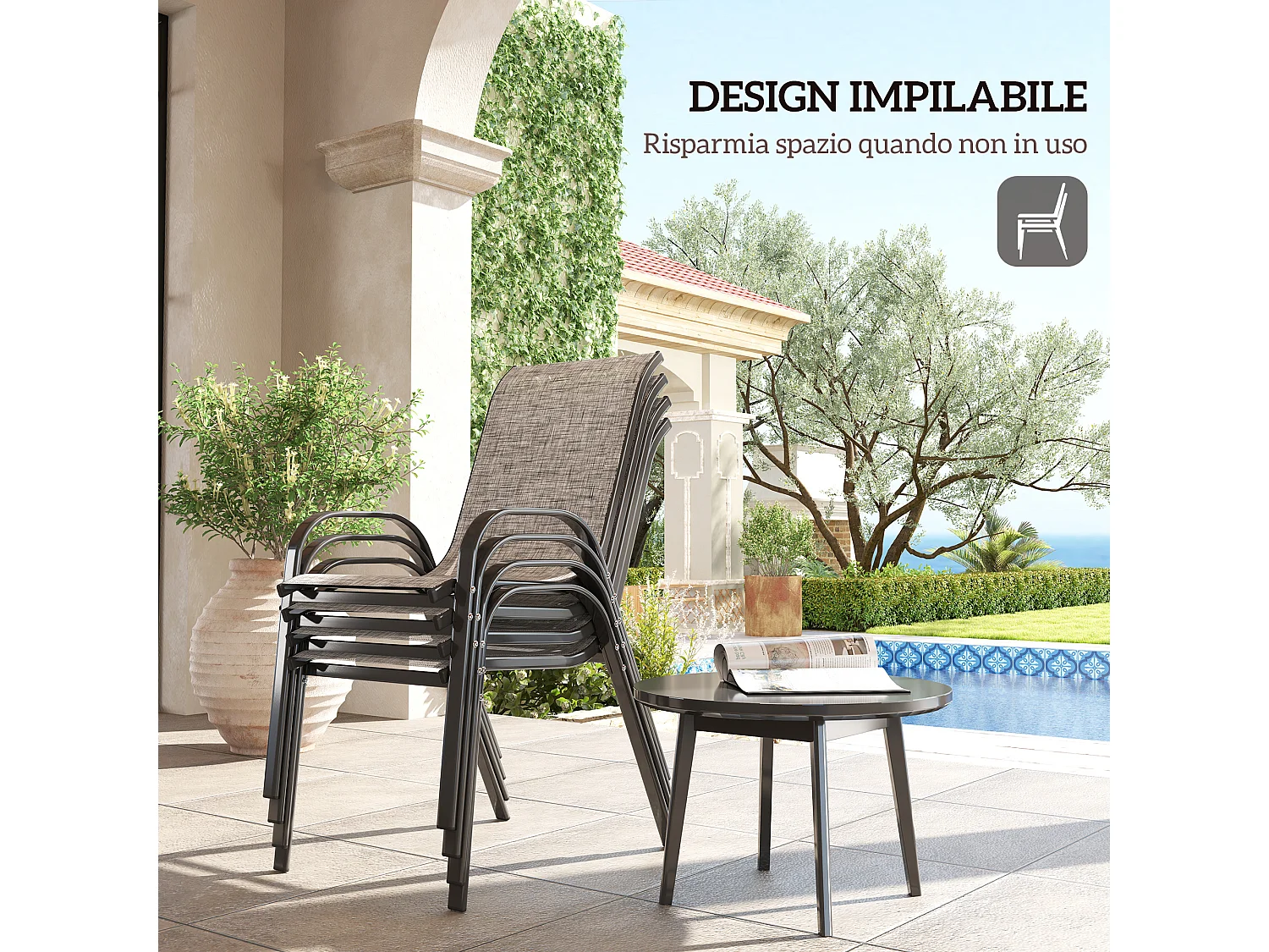 Set 4 sedie da giardino impilabili e traspiranti 54x71x93 cm grigio