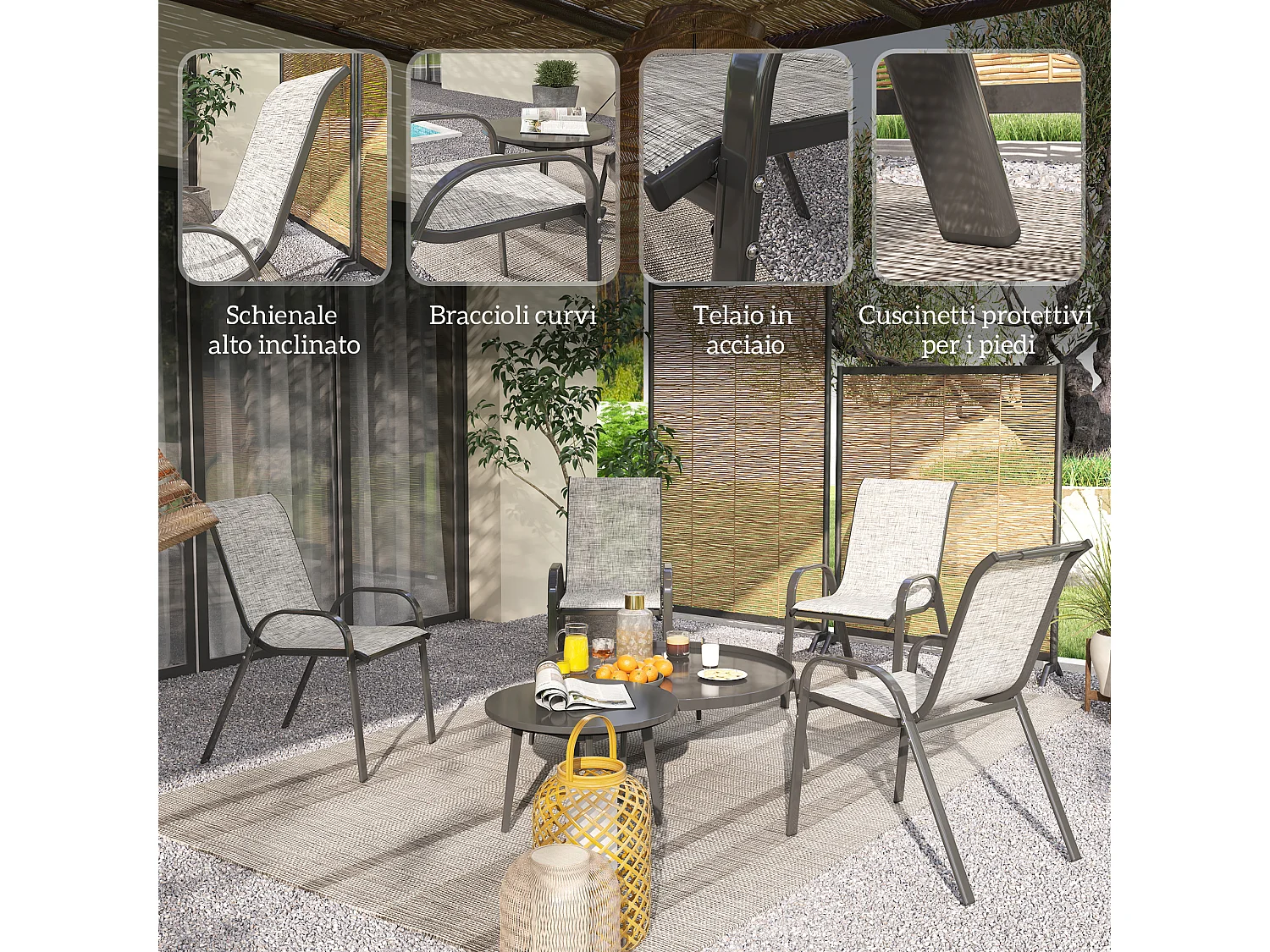 Set 4 sedie da giardino impilabili e traspiranti 54x71x93 cm grigio