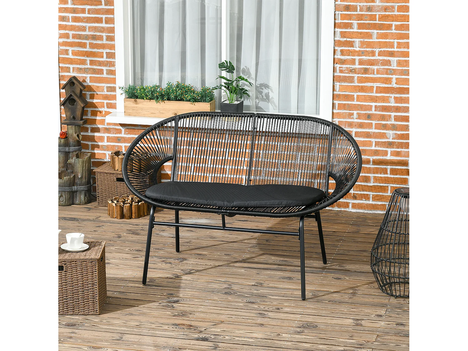 Divano da giardino 2 posti in rattan pe con cuscini nero