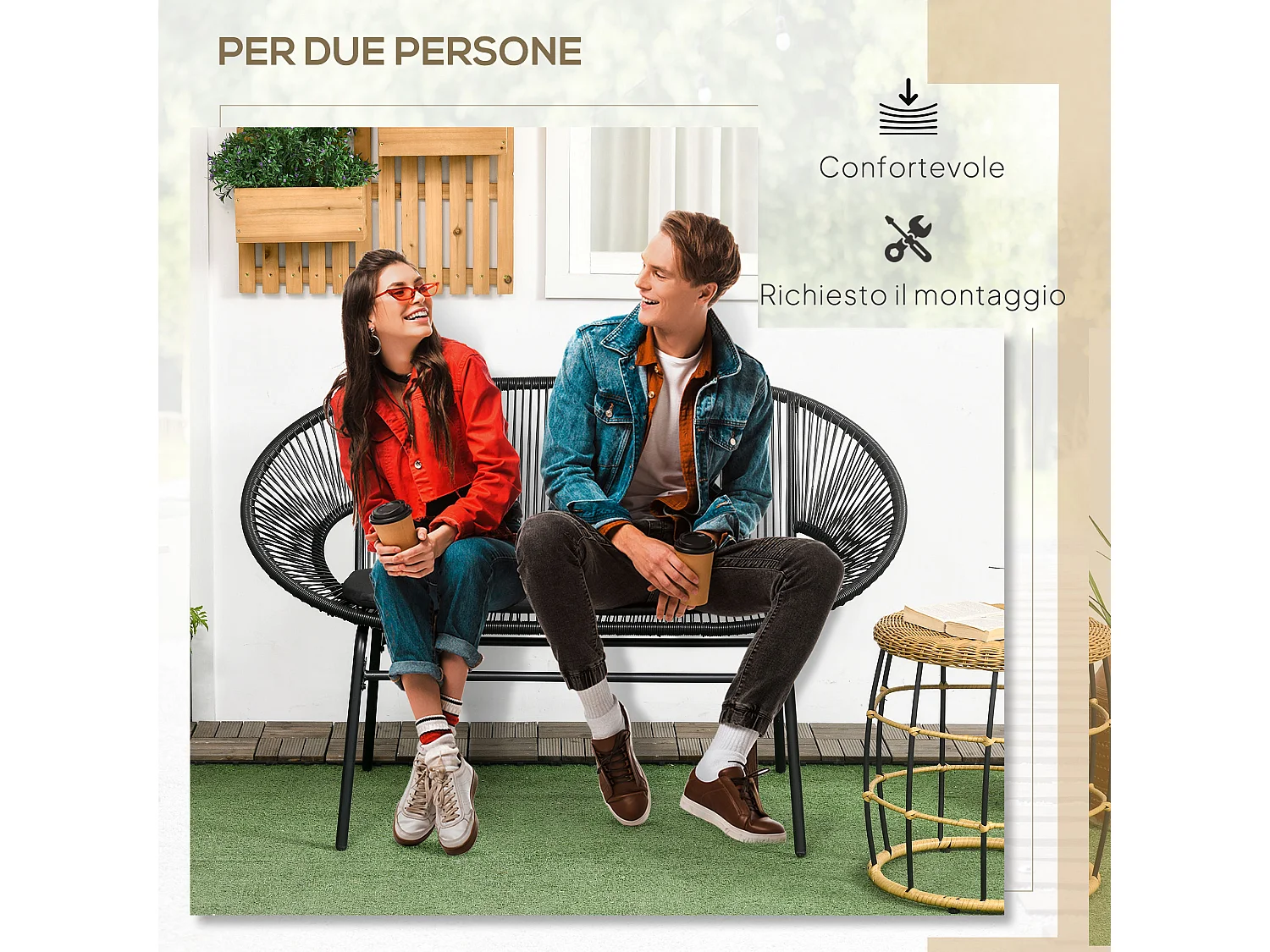 Divano da giardino 2 posti in rattan pe con cuscini nero