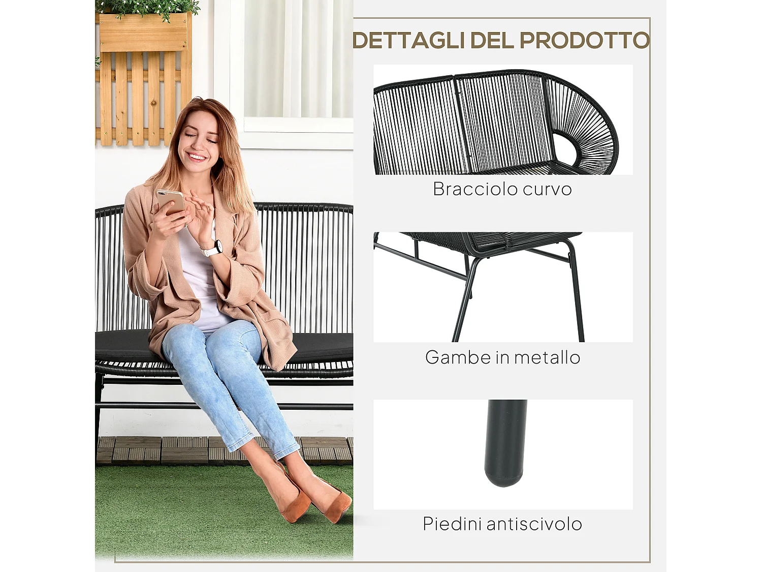 Divano da giardino 2 posti in rattan pe con cuscini nero