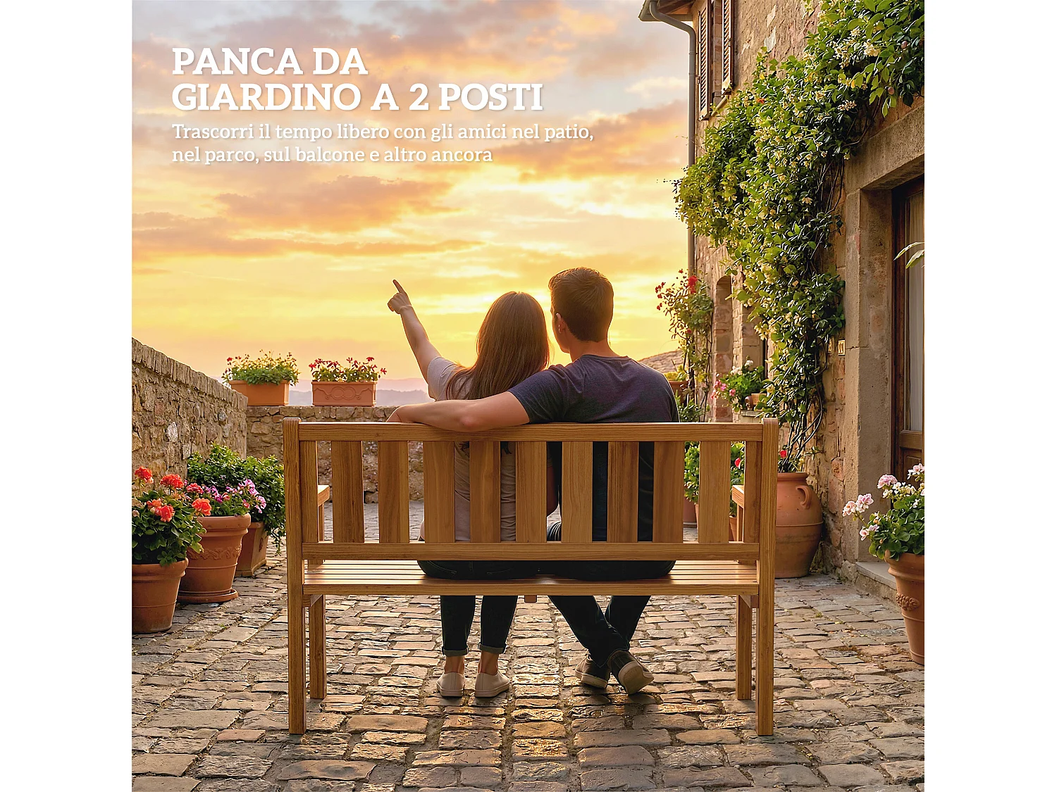 Panchina da giardino a due posti in legno di abete color teak