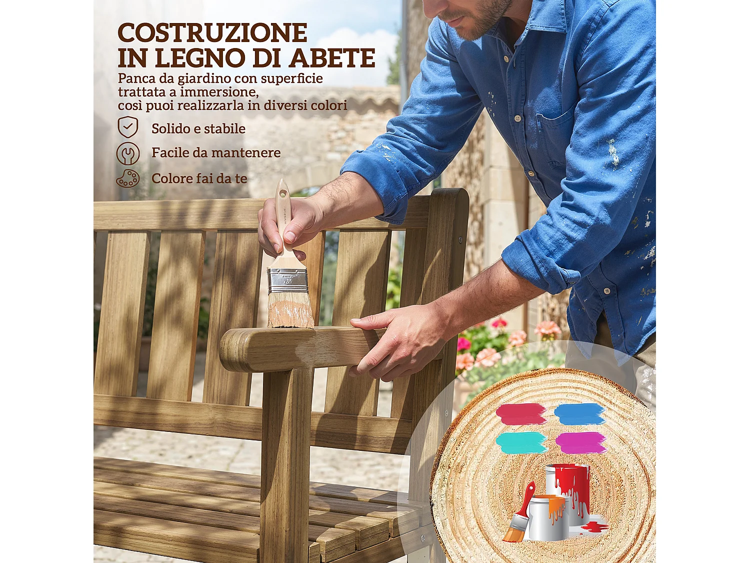 Panchina da giardino a due posti in legno di abete color teak