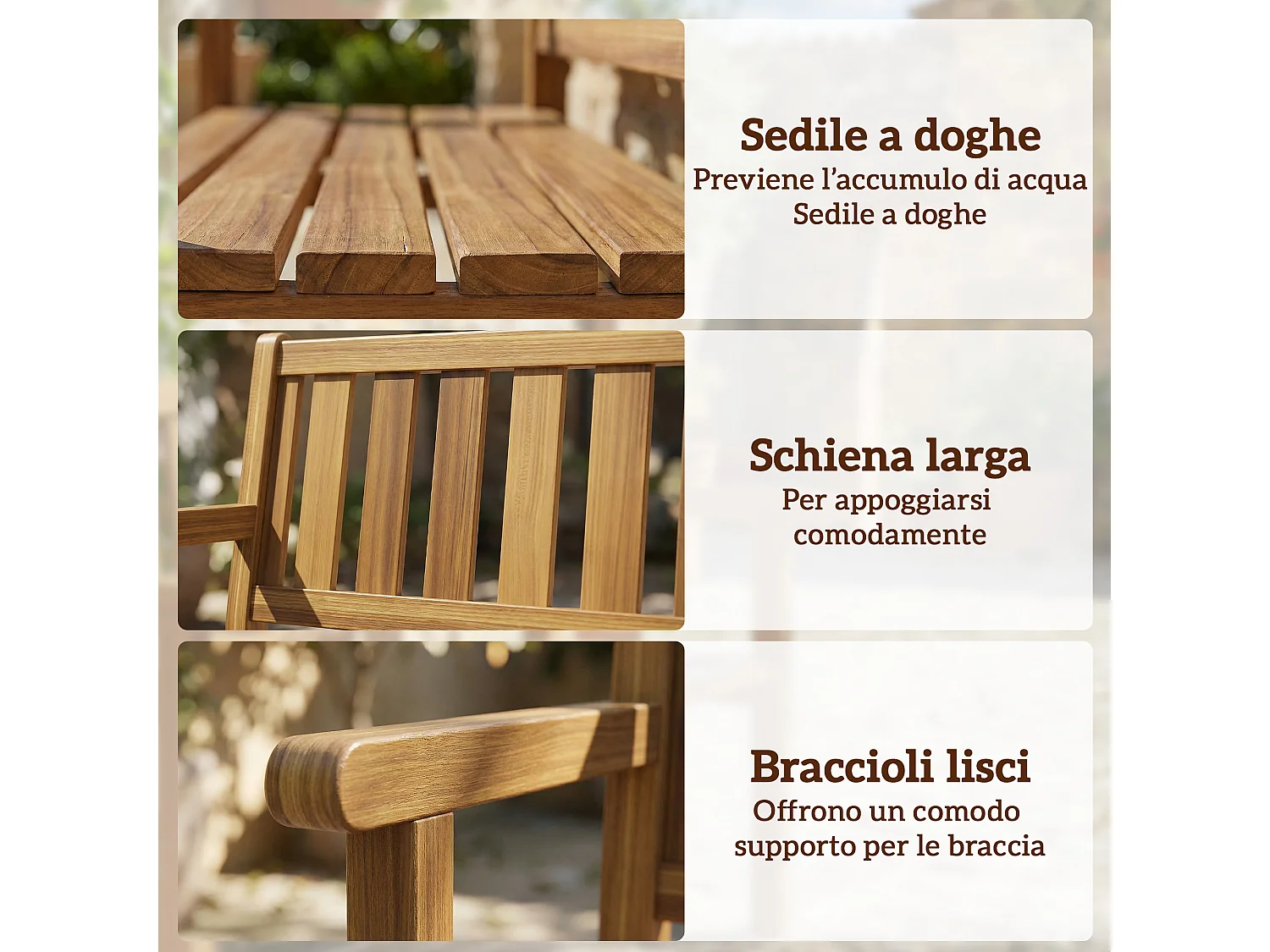 Panchina da giardino a due posti in legno di abete color teak