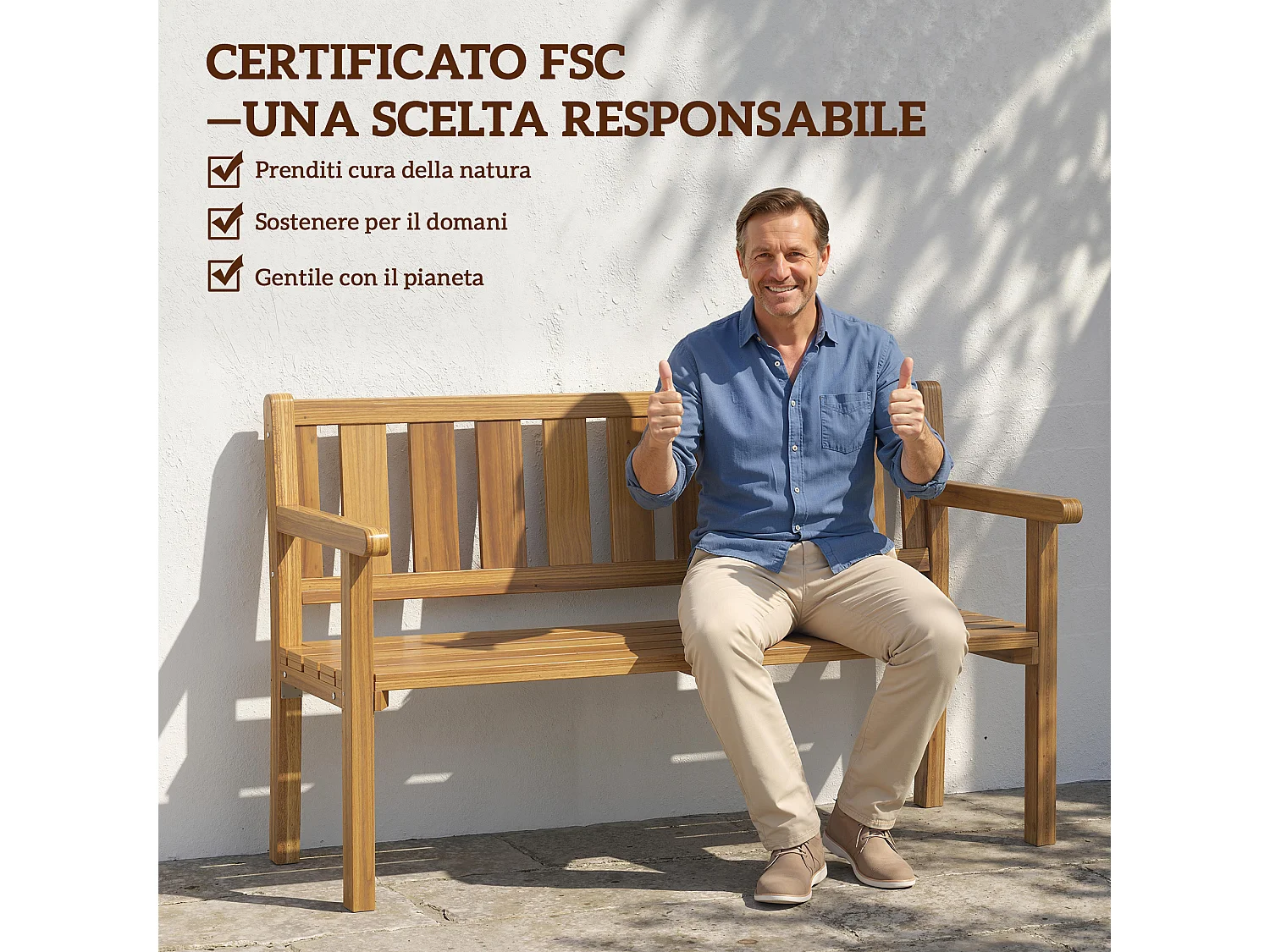 Panchina da giardino a due posti in legno di abete color teak