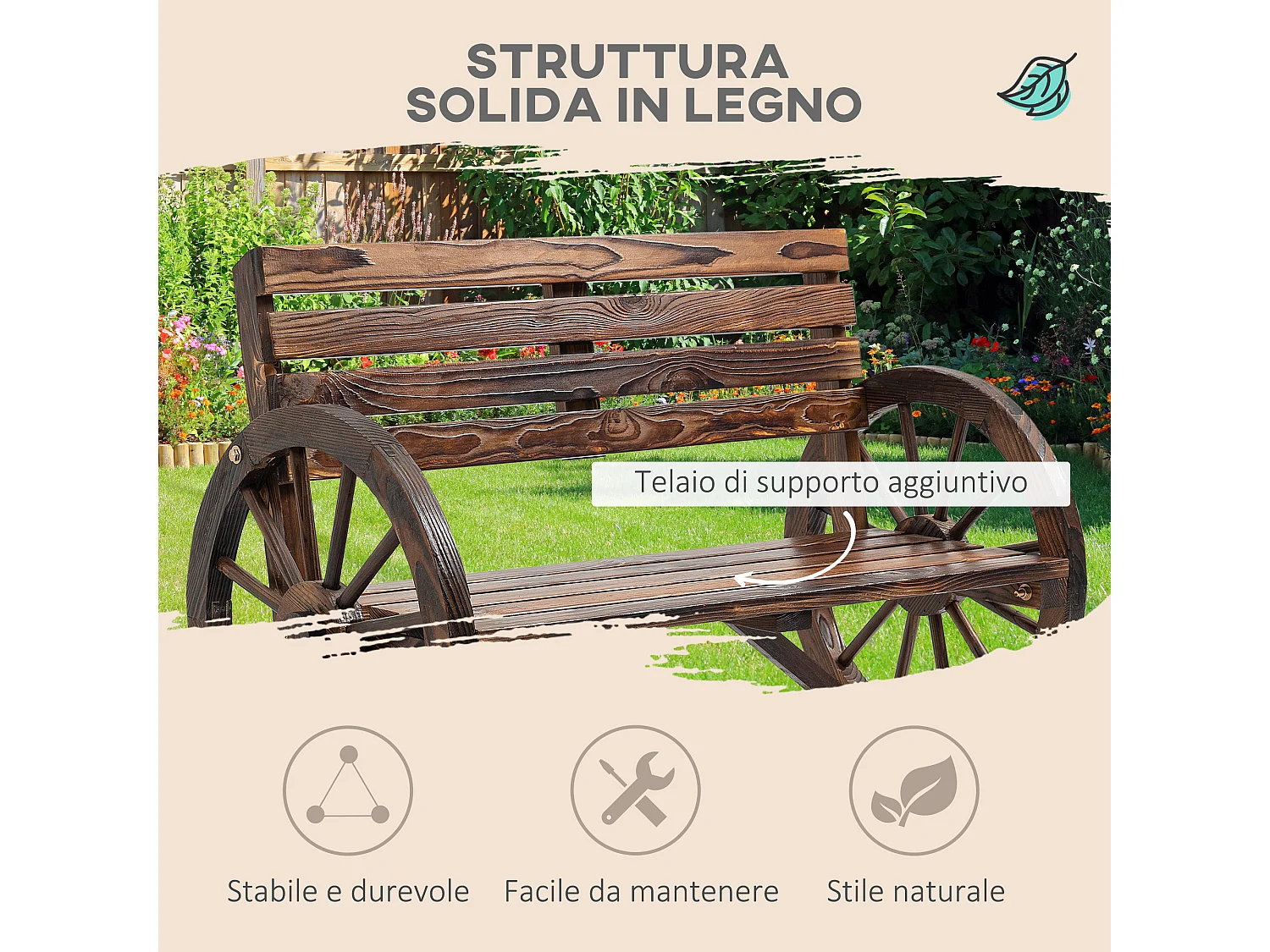 Panchina da giardino a 2 posti a doghe in legno marrone bruciato