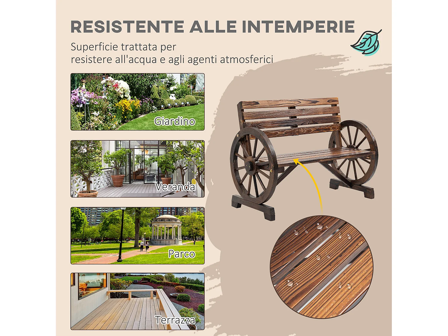 Panchina da giardino a 2 posti a doghe in legno marrone bruciato