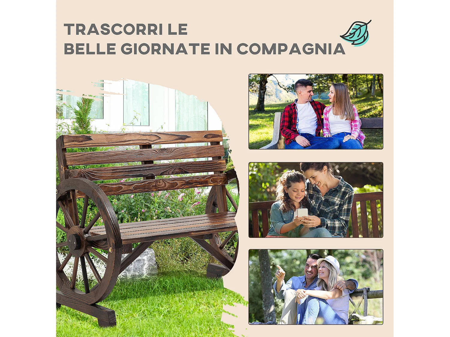 Panchina da giardino a 2 posti a doghe in legno marrone bruciato