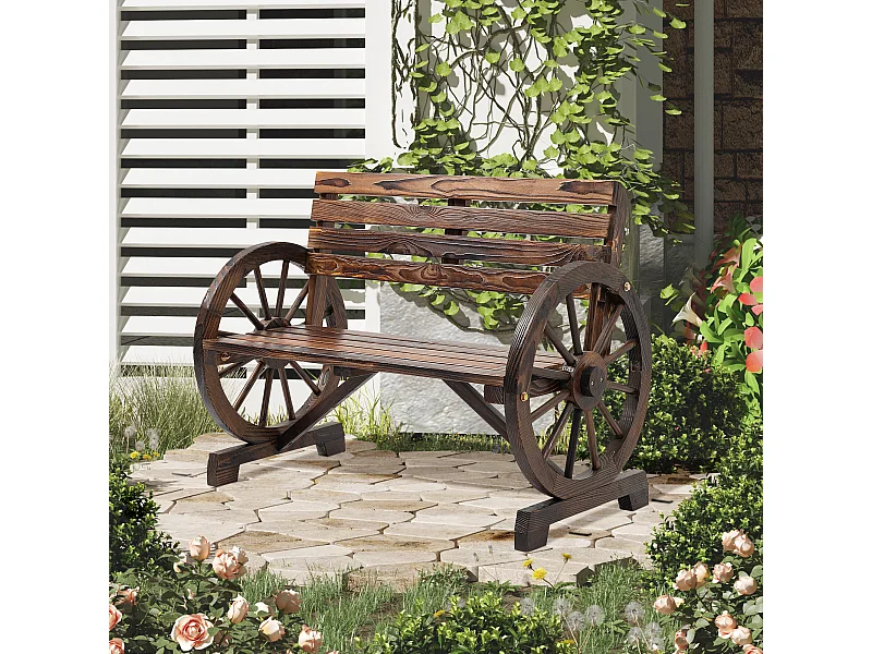 Panchina da giardino a 2 posti a doghe in legno marrone bruciato