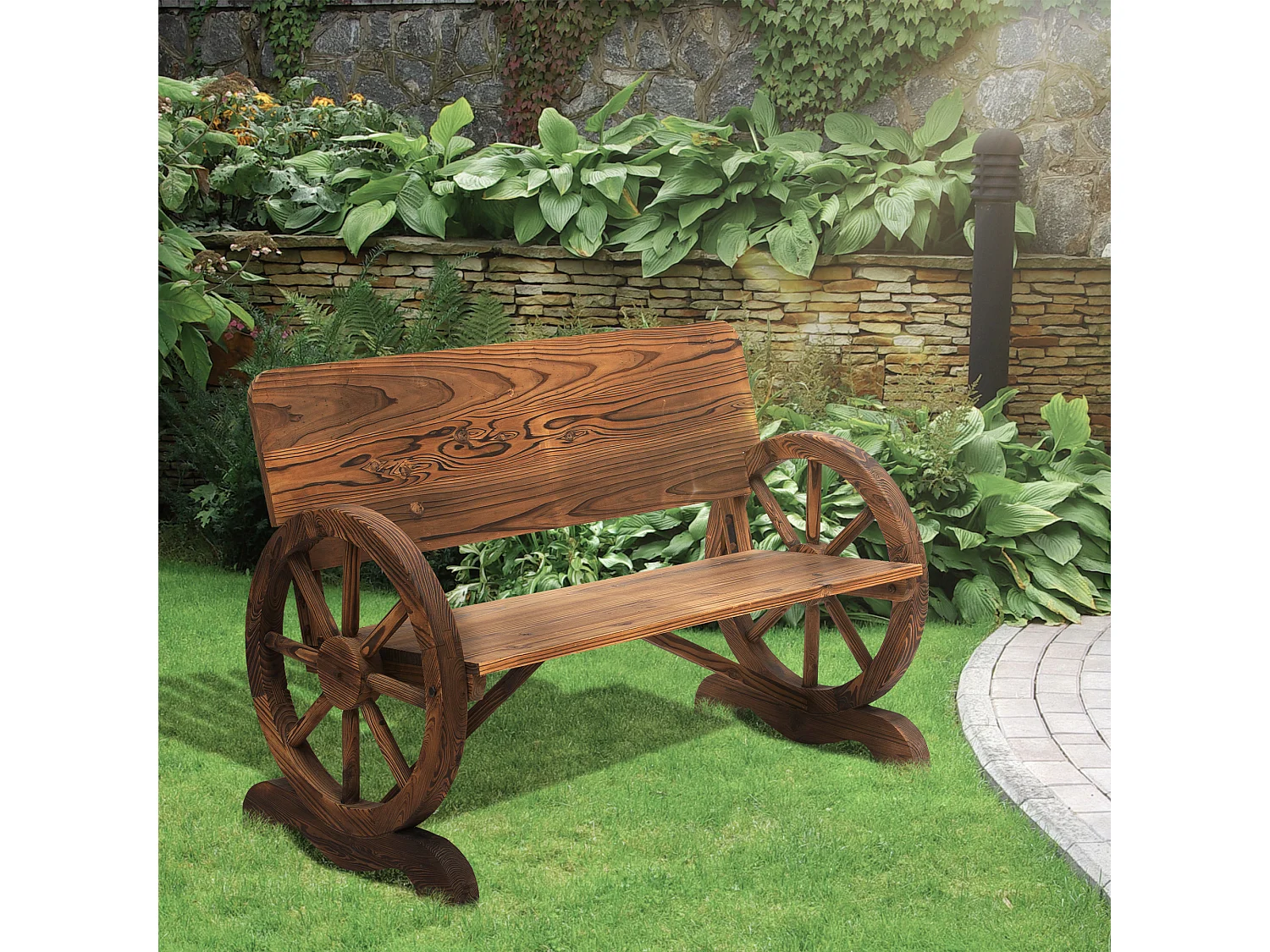 Panca da giardino 2 posti con ruote di carro in legno di abete marrone