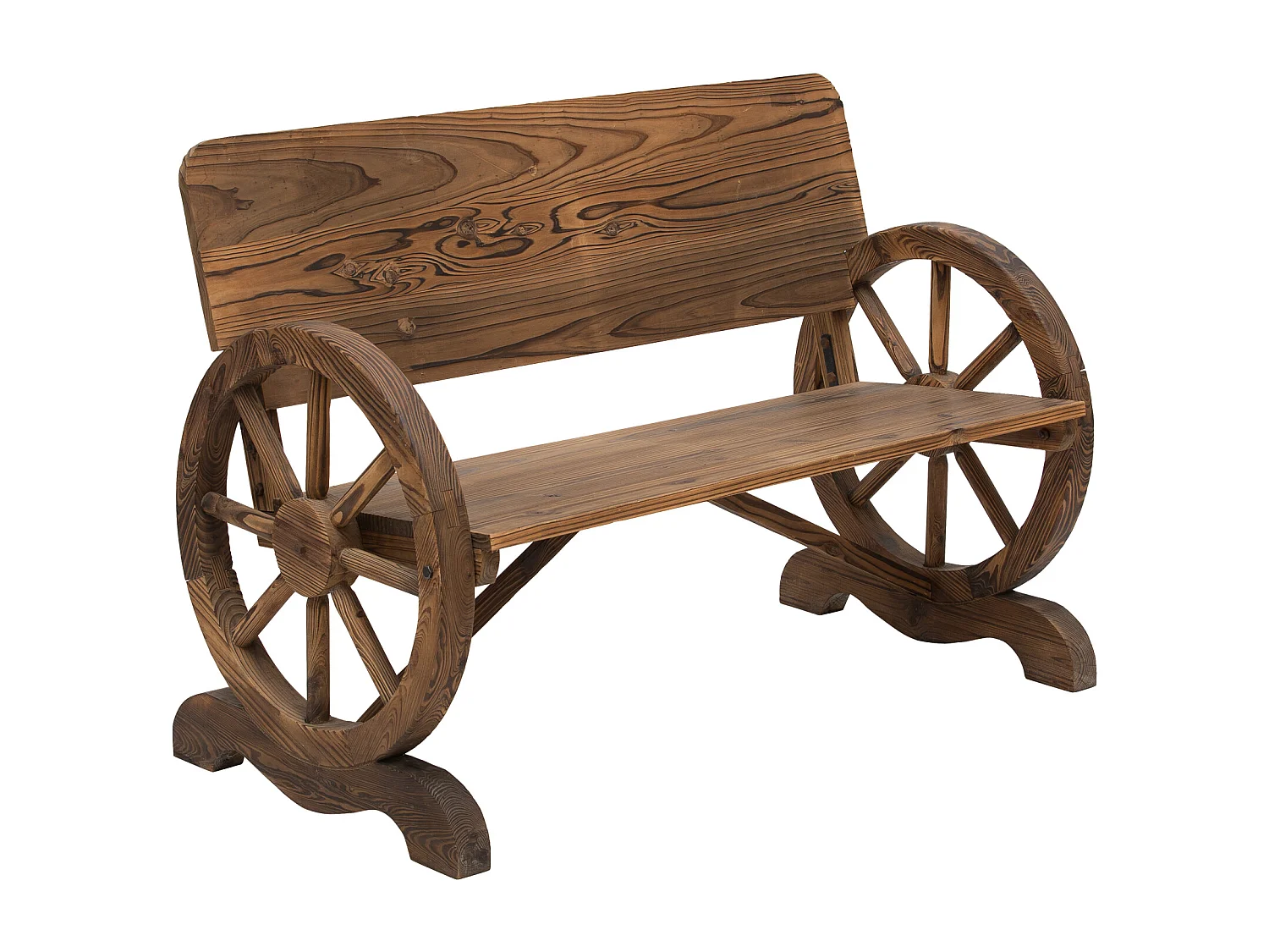 Panca da giardino 2 posti con ruote di carro in legno di abete marrone