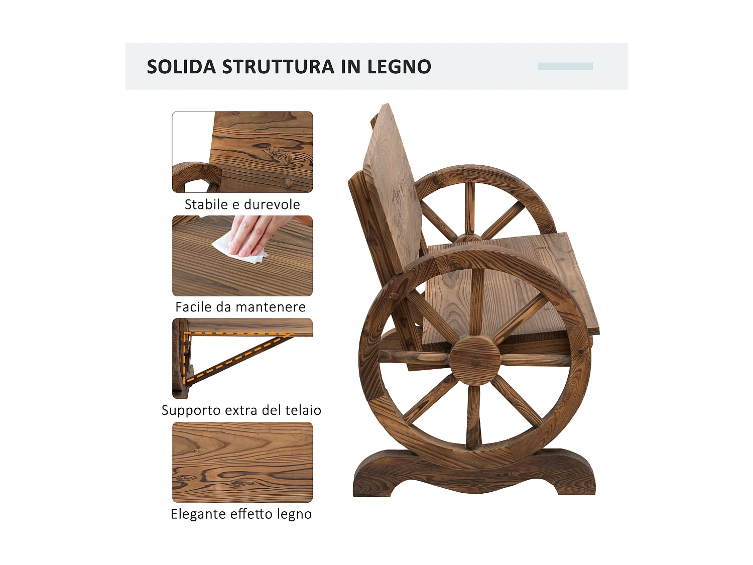 Panca da giardino 2 posti con ruote di carro in legno di abete marrone