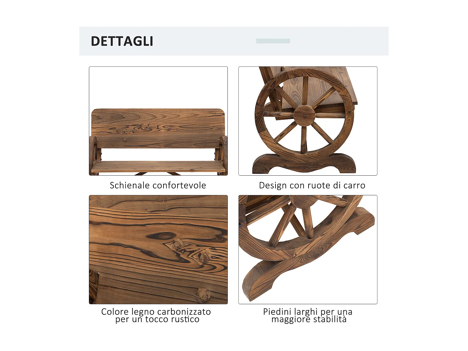 Panca da giardino 2 posti con ruote di carro in legno di abete marrone
