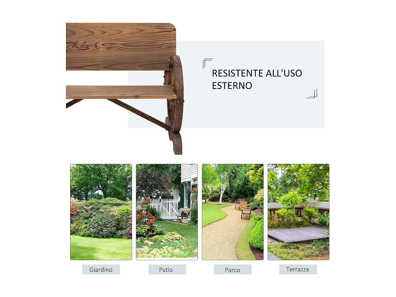 Panca da giardino 2 posti con ruote di carro in legno di abete marrone