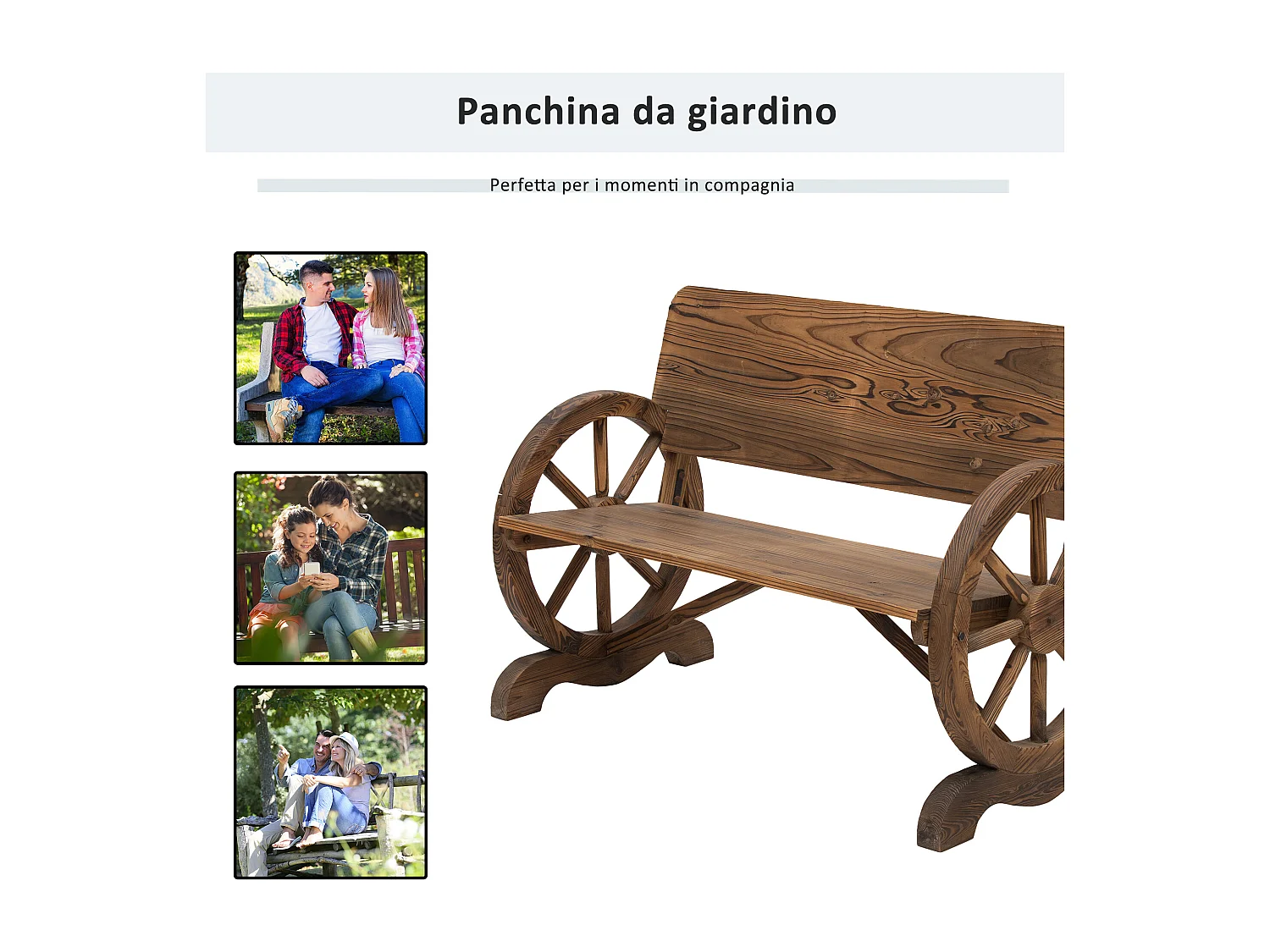 Panca da giardino 2 posti con ruote di carro in legno di abete marrone