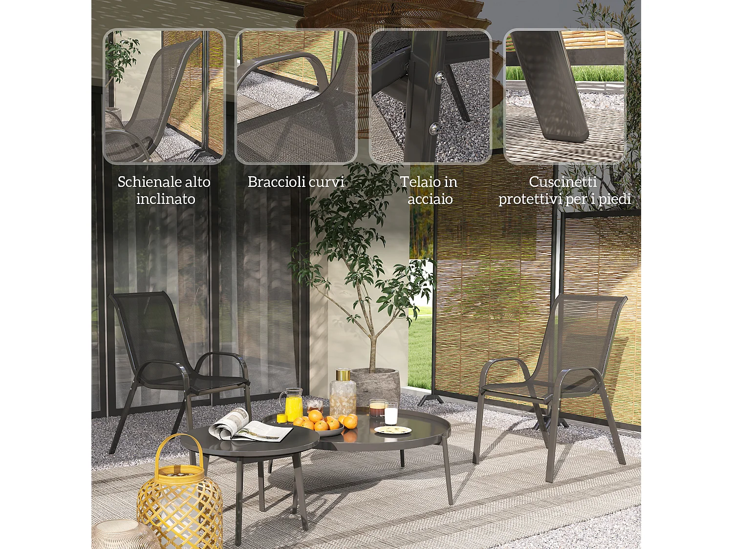 Set 2 sedie da giardino impilabili e traspiranti 54x71x93 cm nero
