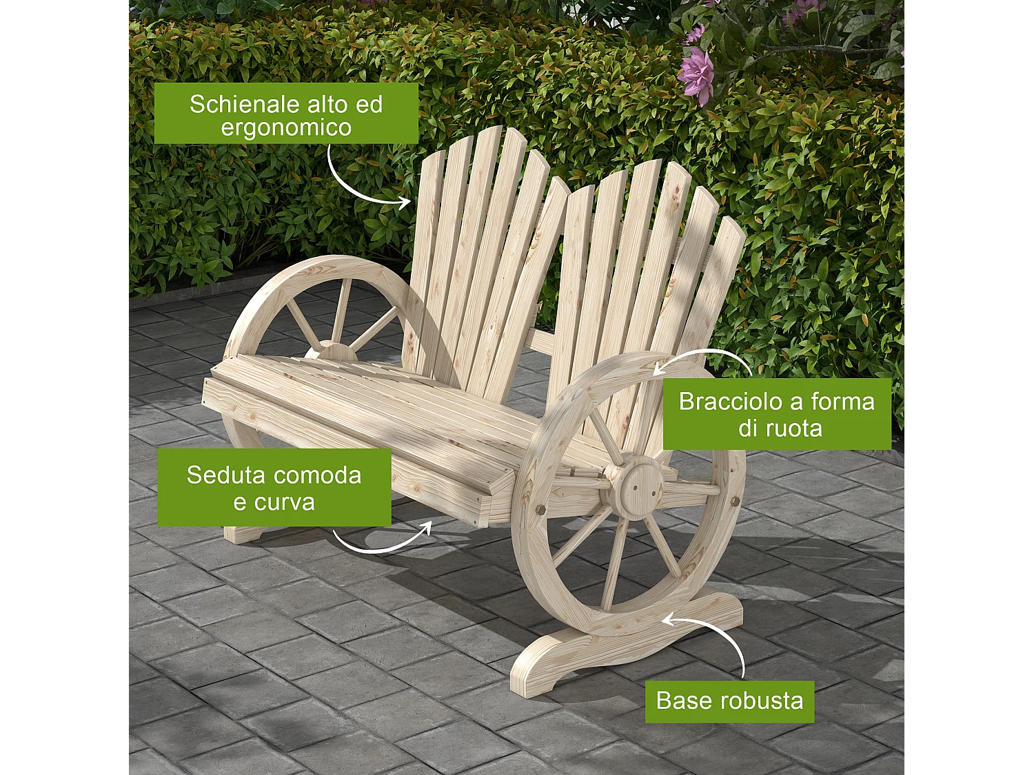 Panchina da giardino stile country in legno naturale