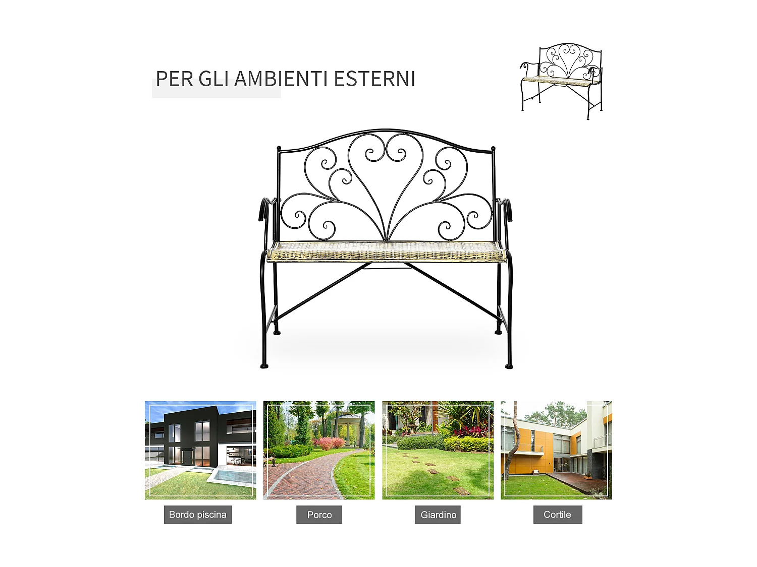 Panchina 2 Posti da Giardino in Ferro Stile Vintage Nero