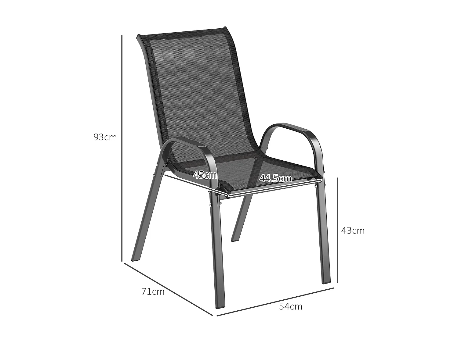 Set 4 sedie da giardino impilabili in tessuto traspirante acciaio nero