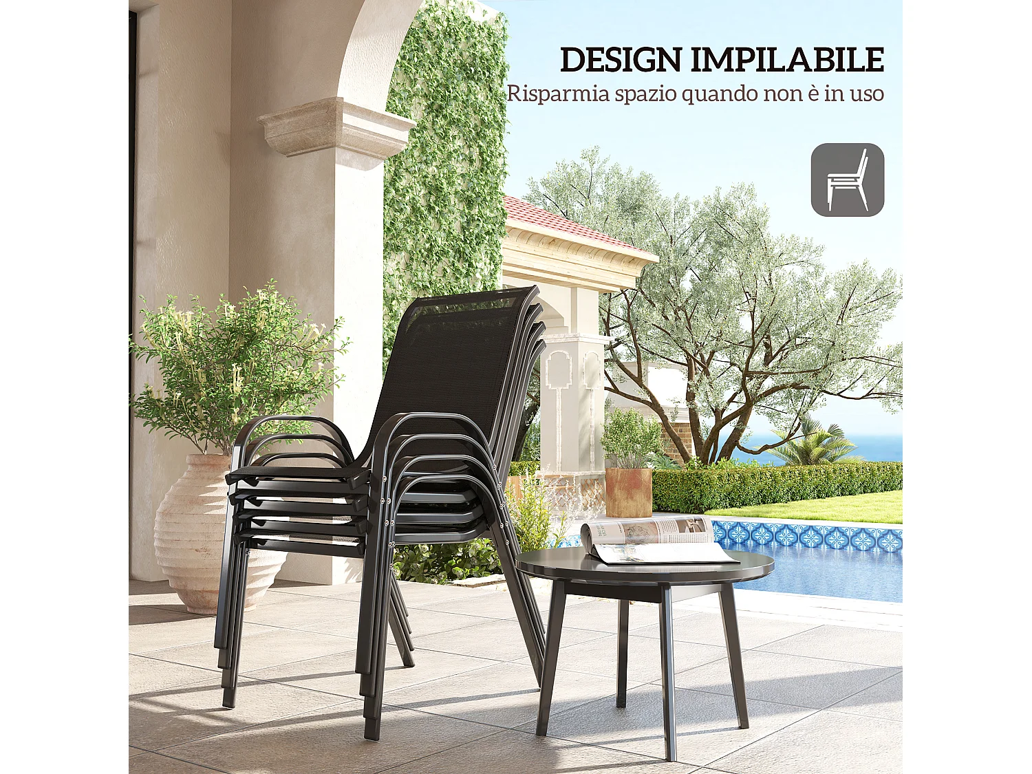 Set 4 sedie da giardino impilabili in tessuto traspirante acciaio nero