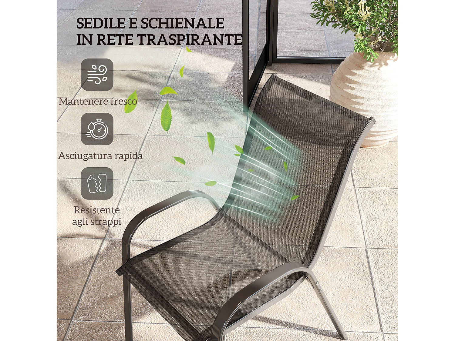 Set 4 sedie da giardino impilabili in tessuto traspirante acciaio nero