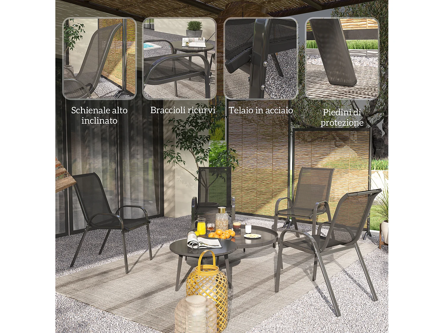 Set 4 sedie da giardino impilabili in tessuto traspirante acciaio nero