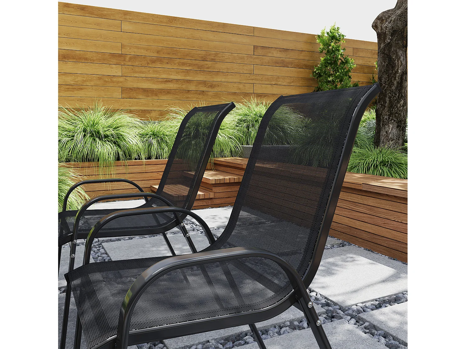 Set 4 sedie da giardino impilabili in tessuto traspirante acciaio nero