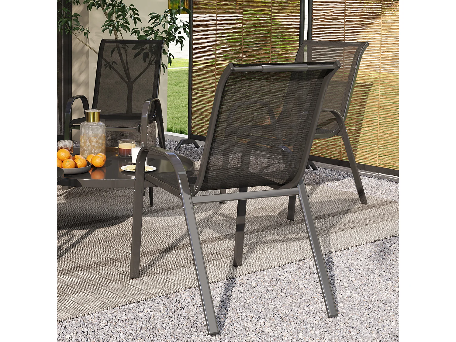 Set 4 sedie da giardino impilabili in tessuto traspirante acciaio nero