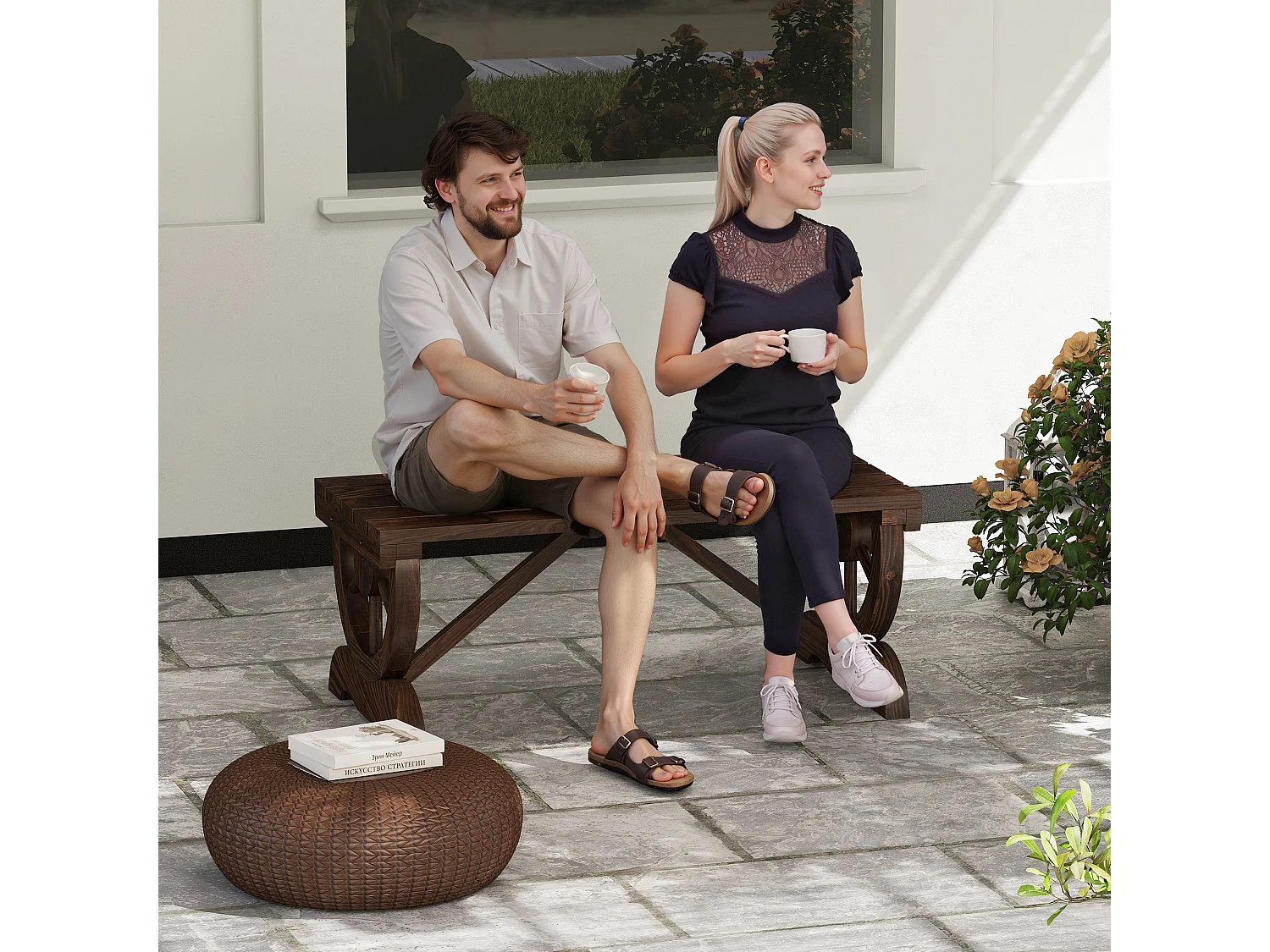 Panchina 2 Posti da Giardino con Design a Ruota in Legno di Abete