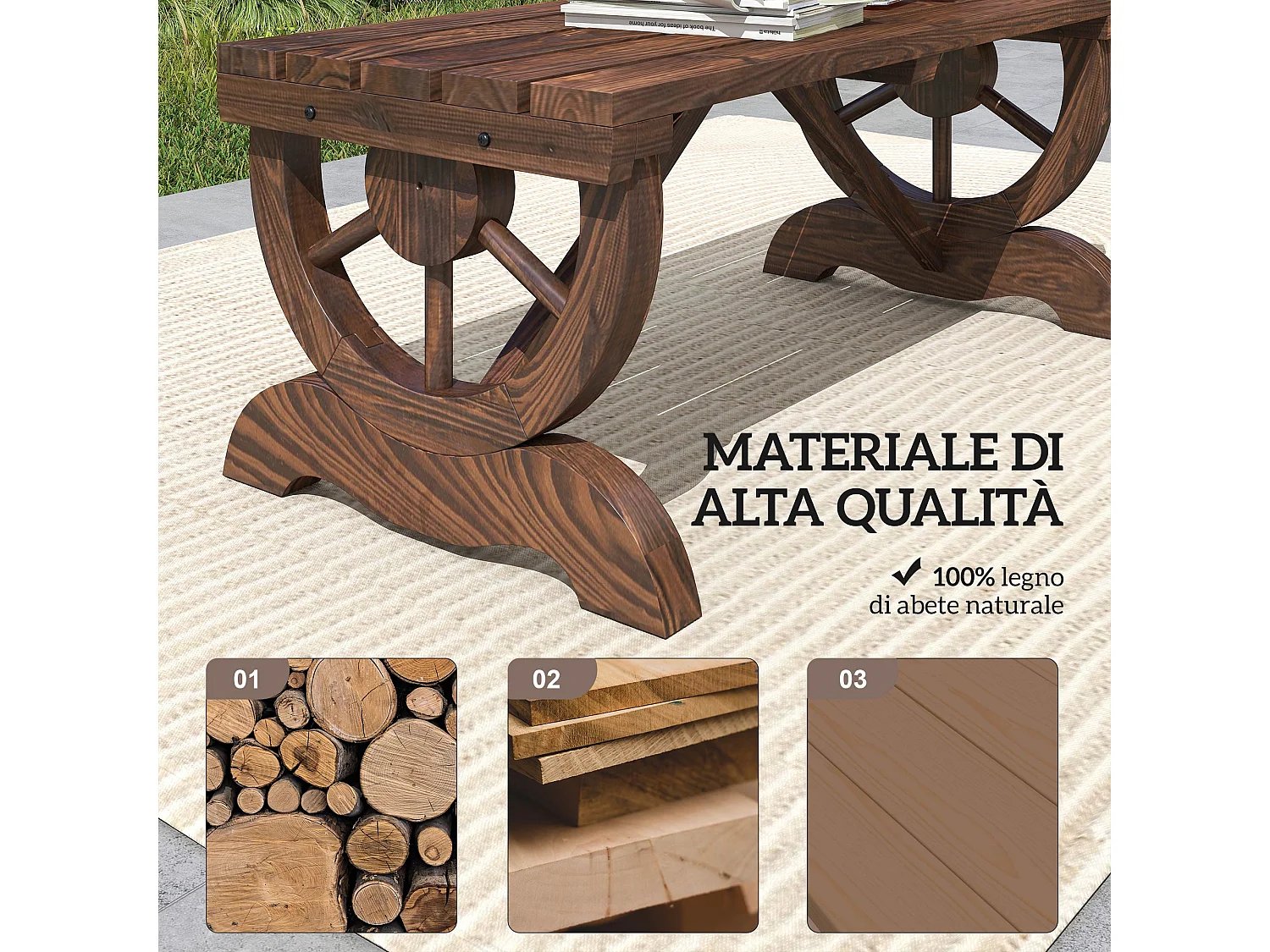 Panchina 2 Posti da Giardino con Design a Ruota in Legno di Abete