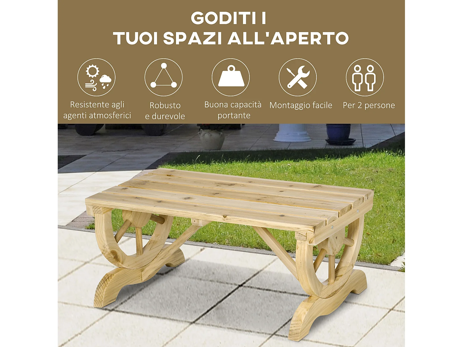 Panchina da giardino a 2 posti a doghe in legno di abete 98x50x39.5 cm