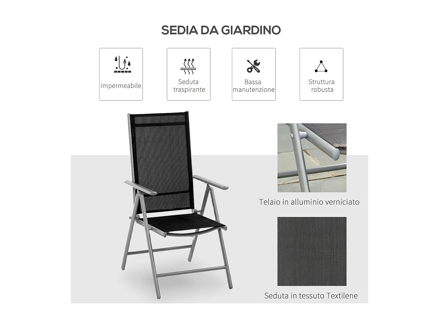 Sedia Pieghevole da Giardino con Schienale Regolabile in Alluminio e Texteline