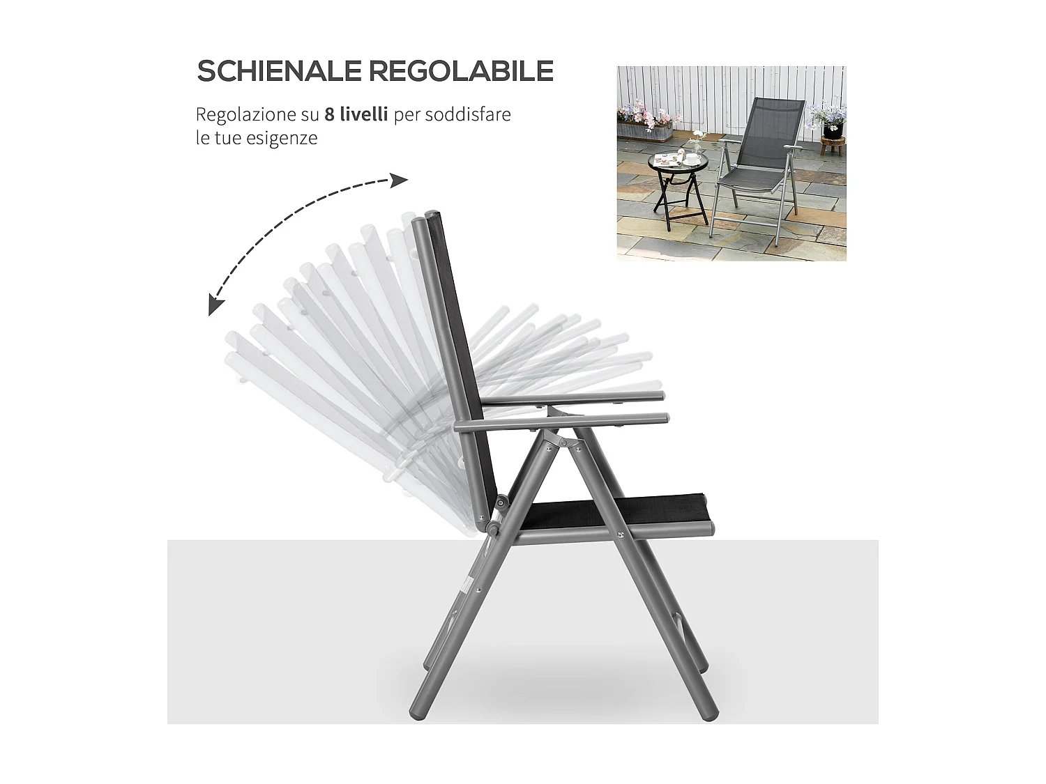 Sedia Pieghevole da Giardino con Schienale Regolabile in Alluminio e Texteline