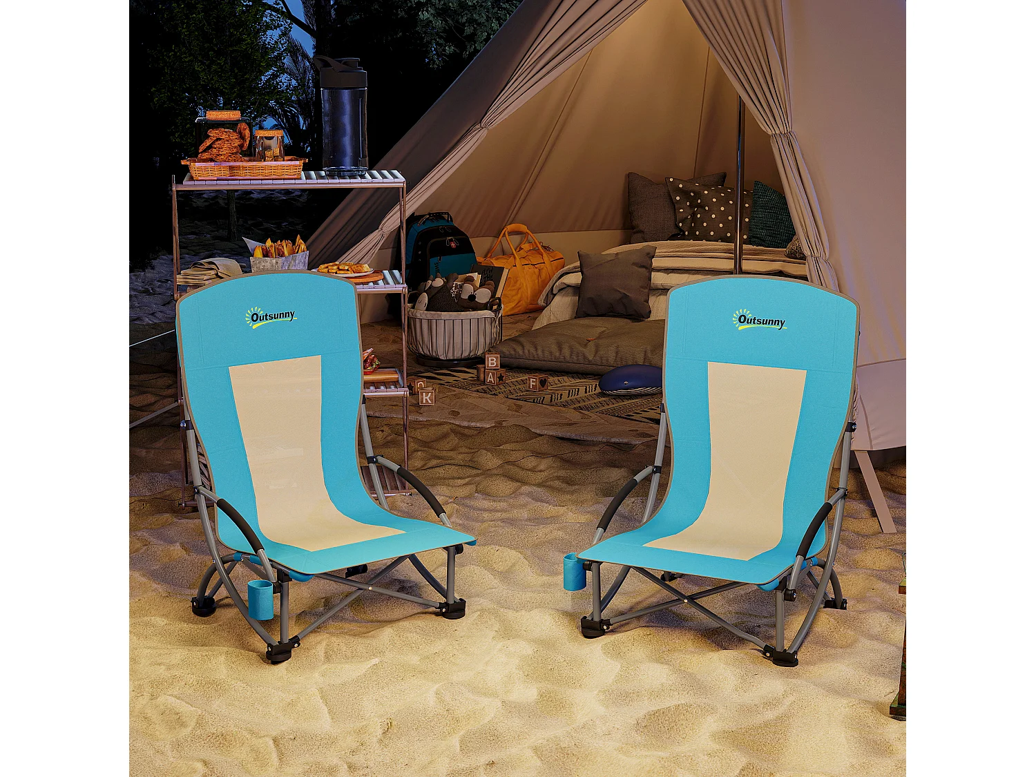 Set 2 sedie da spiaggia pieghevoli con borsa di trasporto blu