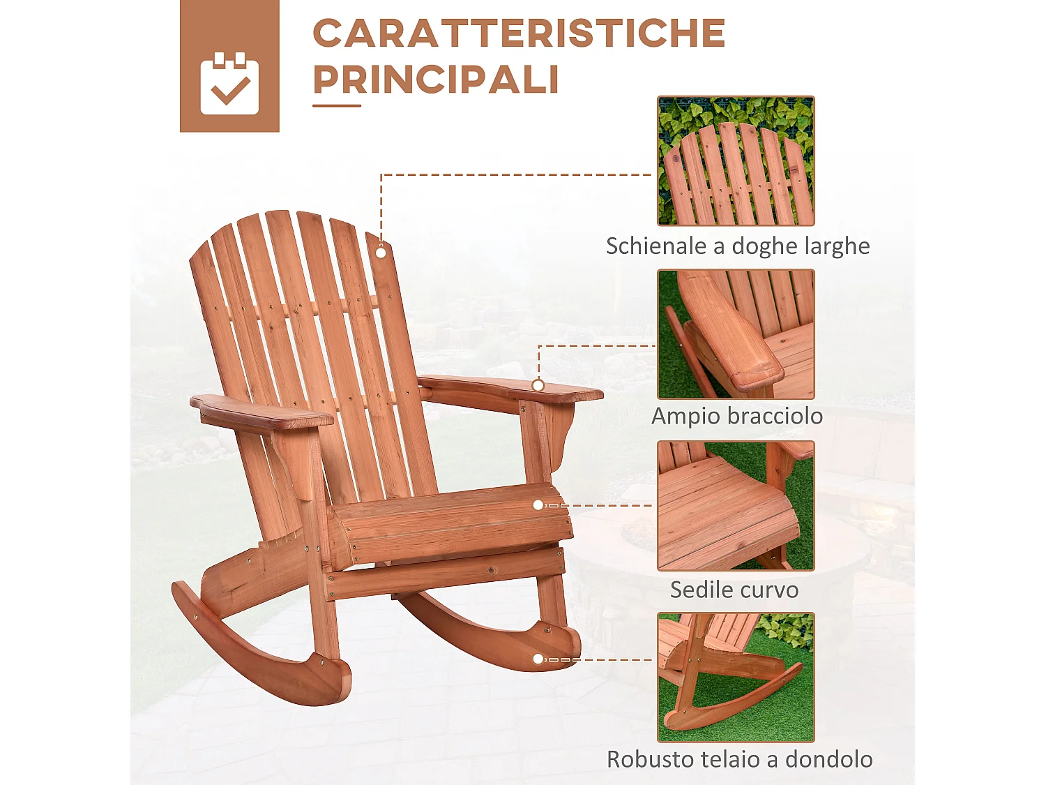 Sedia Adirondack a Dondolo in Legno Impermeabile per Giardino