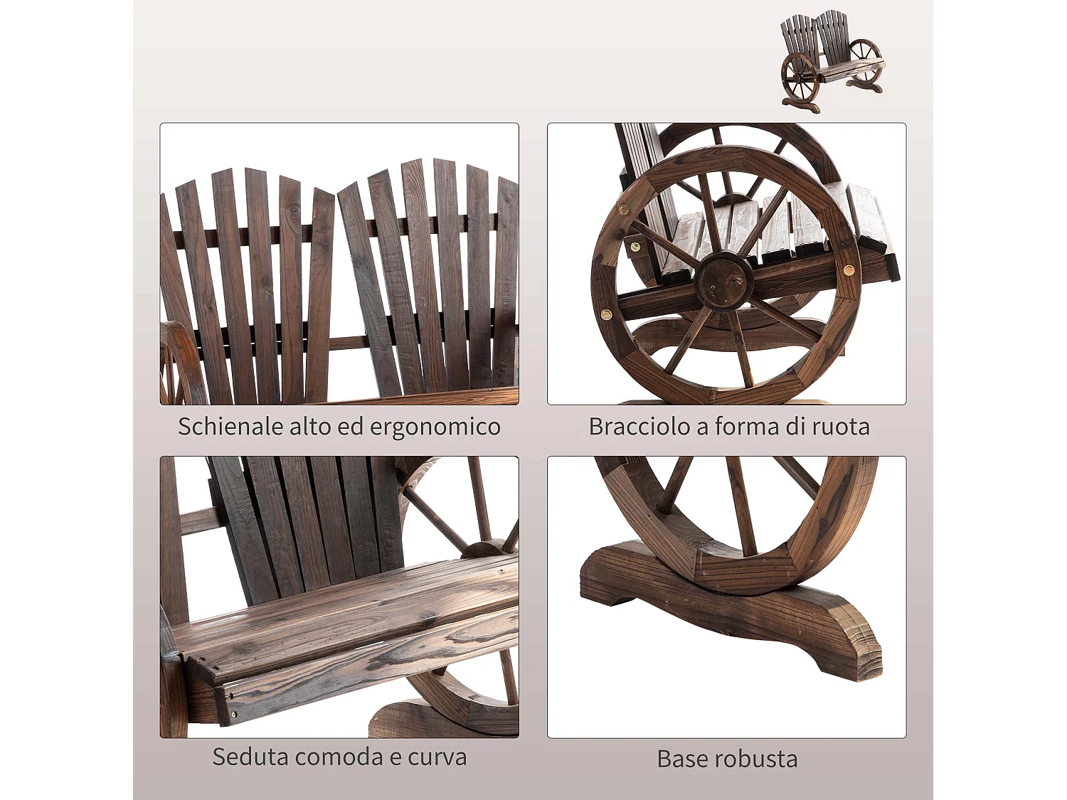 Panchina da giardino stile country in legno carbonizzato