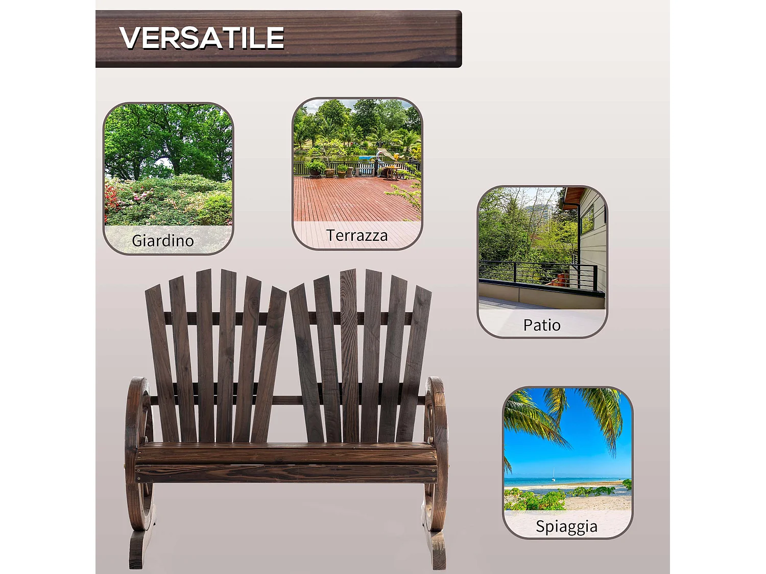 Panchina da giardino stile country in legno carbonizzato