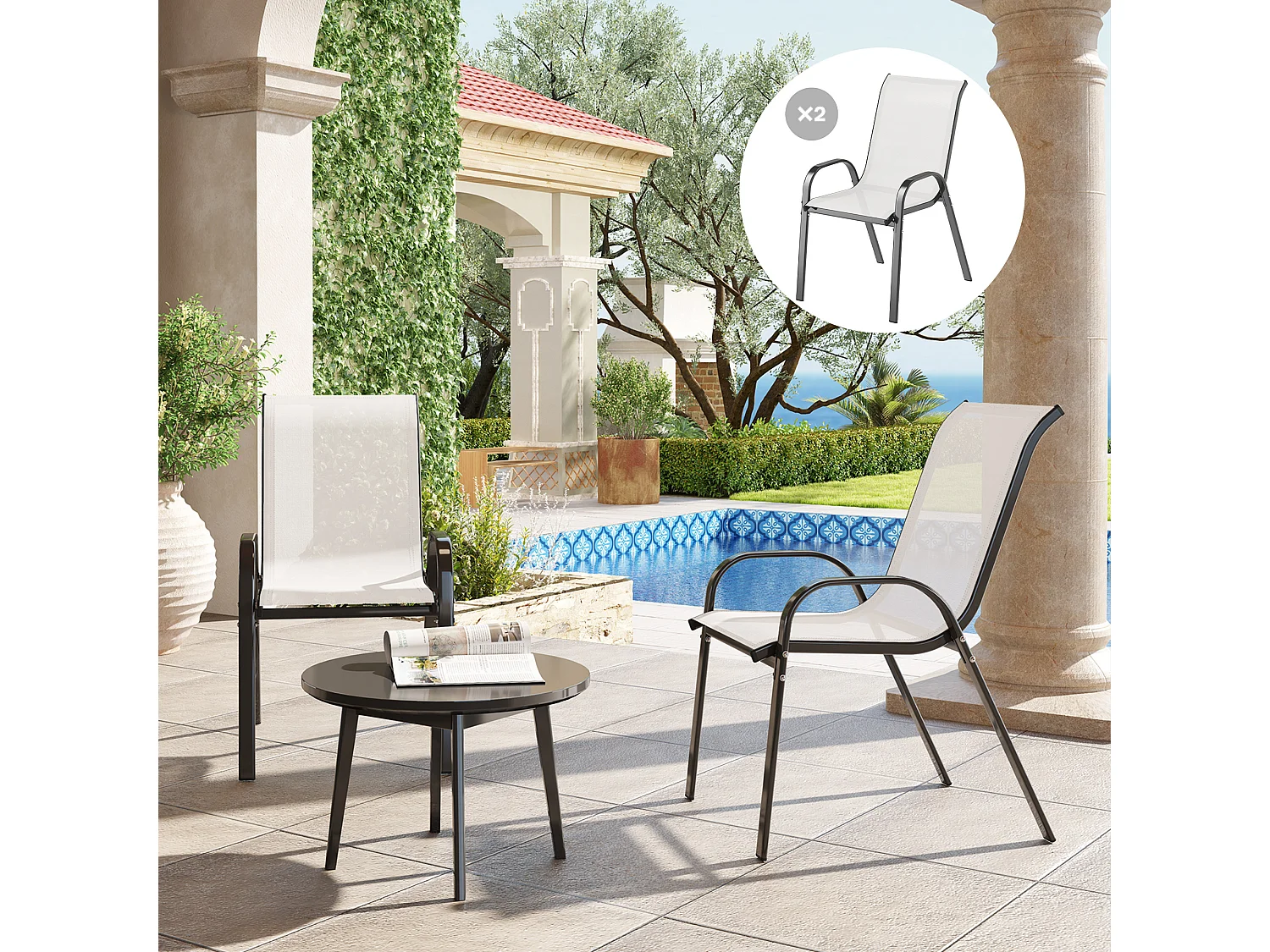 2 sedie da giardino impilabili e traspiranti 54x71x93 cm grigio chiaro