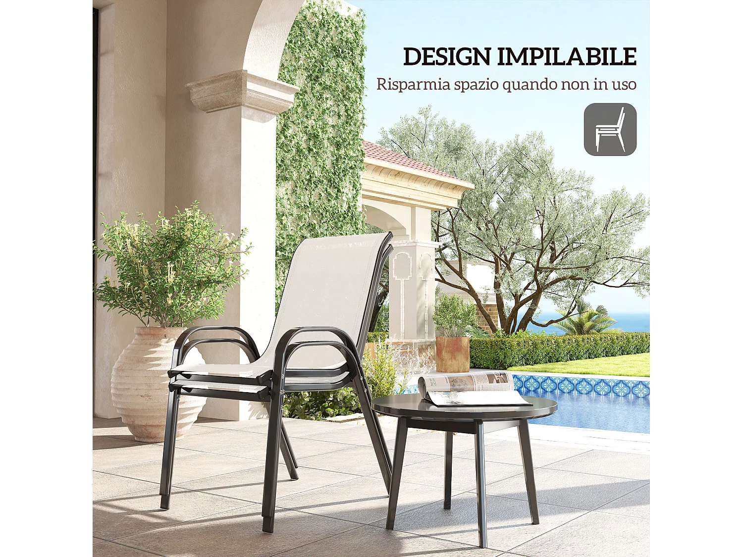 2 sedie da giardino impilabili e traspiranti 54x71x93 cm grigio chiaro